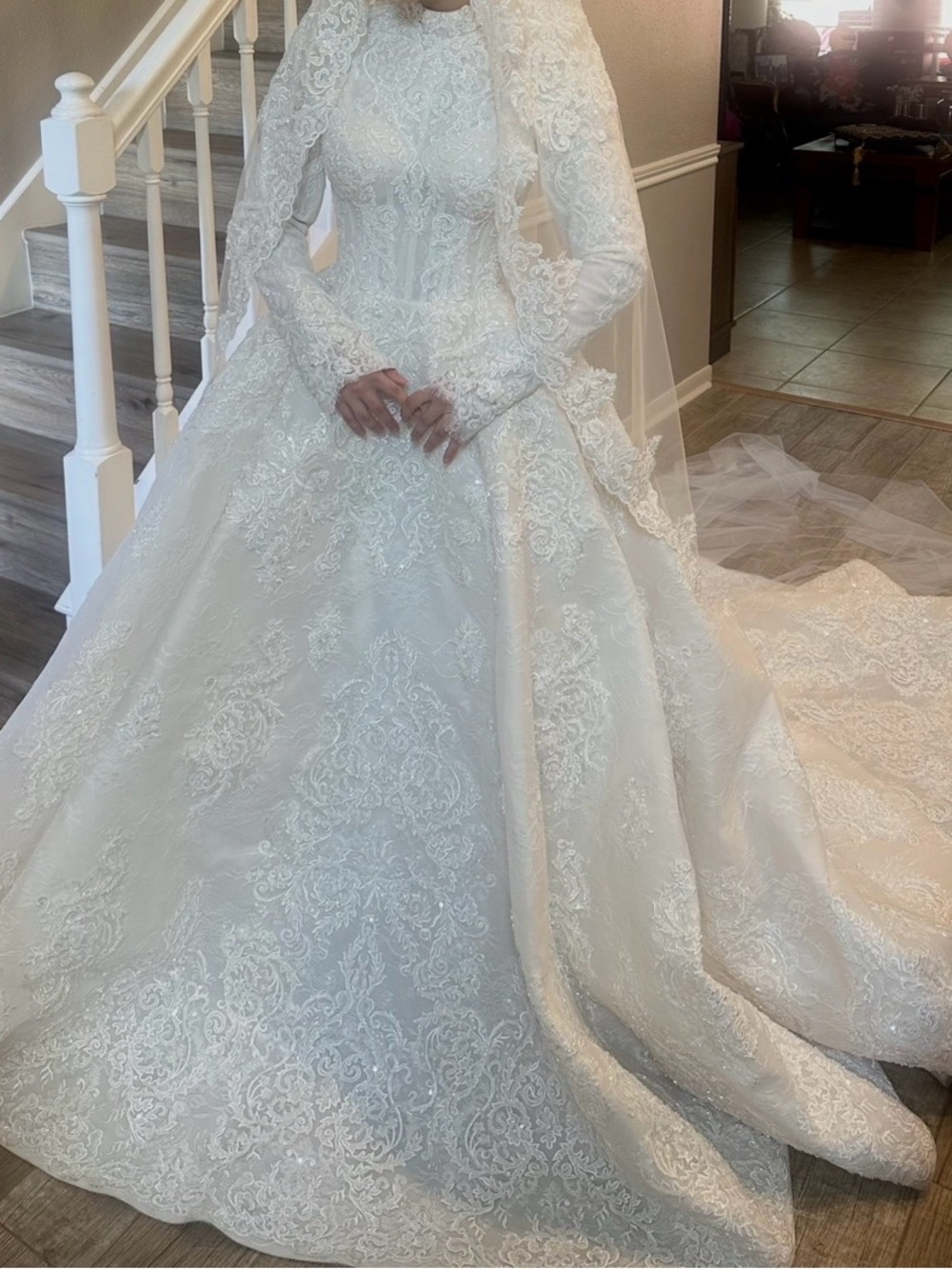 Replay White Lace High-Neck Long Sleeve Ball Gown Wedding Dress